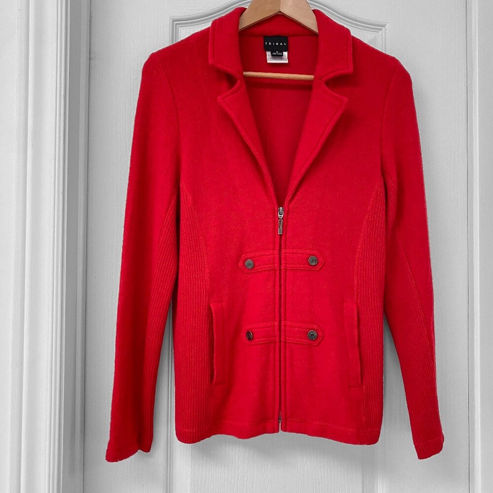 Tribal Red Wool Sweater Jacket Zip Front Military Style Cardigan Medium
